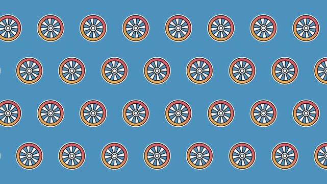 Seamless Vintage Wheel Pattern Background, Retro Spoked Circle Repeat Design, Colorful Round Emblem Loopable Vector for Fabric and Wallpaper