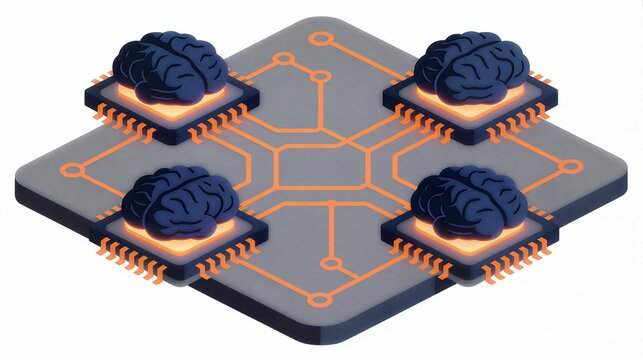 Neuromorphic Chip Array | Minimalist 3D Isometric Art of Scalable AI Processing & Neural Hardware