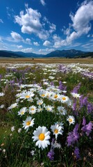 Fototapeta premium Wildflower meadow under vast blue sky