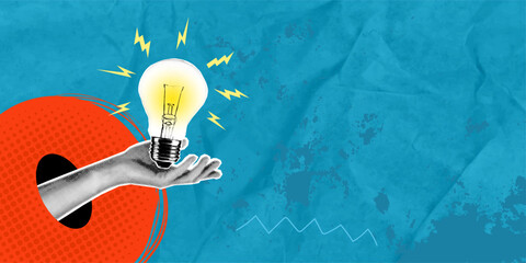 A trendy halftone collage in pop art style. A woman's hand holds a bright light bulb. Creative process or brainstorming. Generating a creative idea. Business solutions. Think outside the box. Marketin © ArtEternal