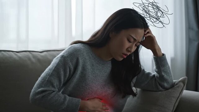 Woman stomach pain at home.