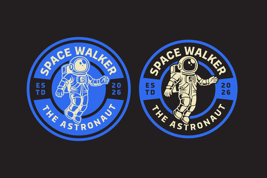 Astronaut space walker retro badge logo design set for outdoor. Space mission vintage patch symbol pack for kids. Cosmic explorer rustic emblem element bundle for adventure