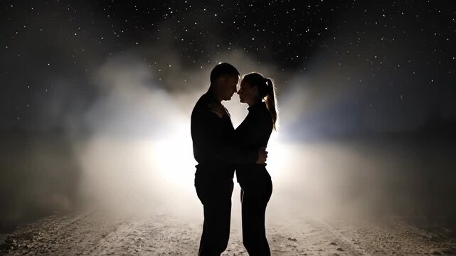 Cinematic silhouette of a romantic couple embracing on a foggy night road illuminated by bright vehicle backlighting under a starry sky