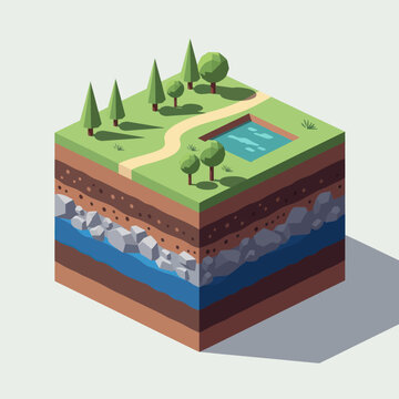 Cross section of earth showing layers of soil rock and water table.