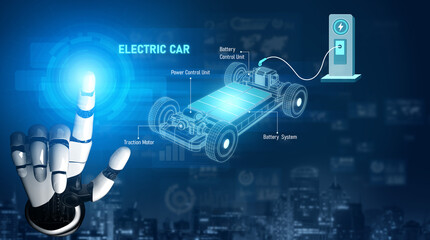 Fototapeta premium AI supports electric vehicle systems by optimizing powertrain efficiency, battery control, and smart charging to improve EV performance and energy usage Vouch