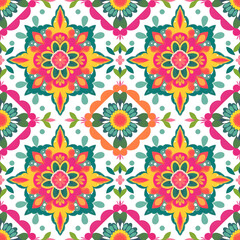 vector seamless repeating rangoli pattern in flat vector style. The design features symmetrical geometric shapes, floral motifs, peacocks, lotus flowers, and traditional oil lamps (divas).