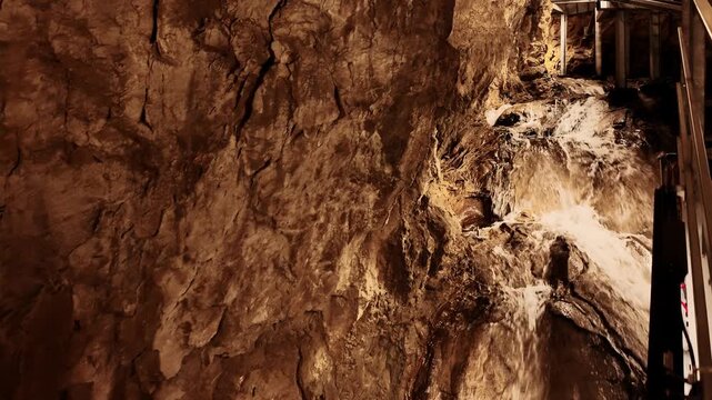 Underground waterfall flowing over limestone rocks inside Stopica Cave in Zlatibor. Illuminated cave interior with natural water cascade and dramatic geological formations in Serbia