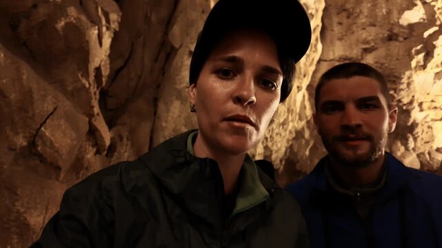 Travel couple recording video blog inside Stopica Cave in Zlatibor. Young explorers filming content surrounded by illuminated limestone walls in a natural underground setting in Serbia