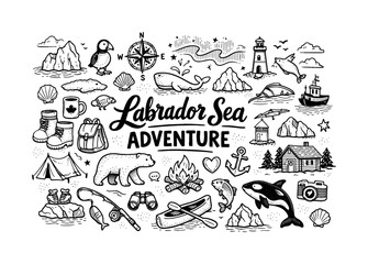Labrador Sea travel vibes, hand drawn doodle elements set, center hand-lettered title, black & white vector line art, bold clean