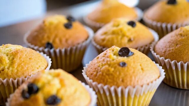 Golden brown muffins with chocolate chips in paper liners on a tray