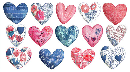 Fototapeta premium Funky hearts, valentine day love scrapbook sticker set. Crayon grunge scribble doodle collage elements. Vector scrapbook hand drawn collage illustrations for journaling, dairy, notebooks, social