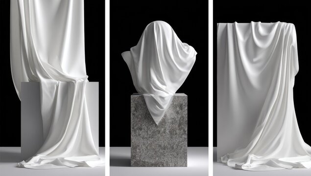 White fabric drapes sculptures on pedestals, in a triptych
