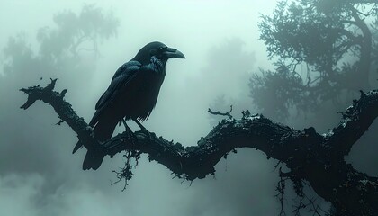 Fototapeta premium Mysterious raven perched on a branch in foggy forest.