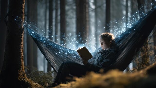 Serene forest setting features young reader in hammock, surrounded by glowing magical particles. This whimsical blends fantasy, tranquility, inspiring creativity, peaceful exploration