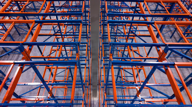 Interior of modern warehouse with empty racking system design for cold storage