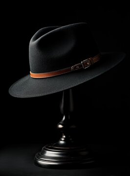 Black fedora atop a dark wood stand, leather band