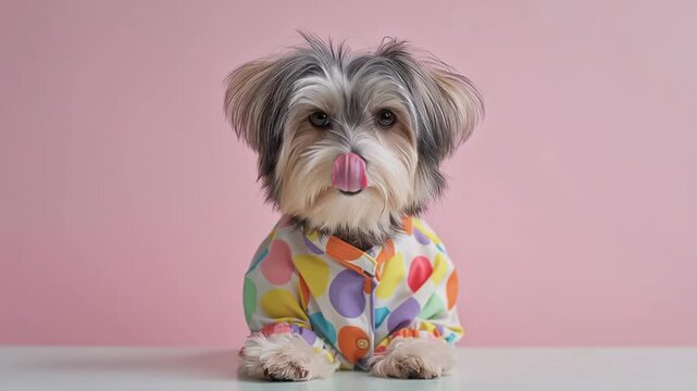Small dog in colorful polka dot outfit posing on pink background in studio