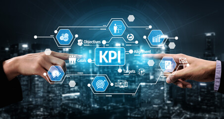 Two hands reaching towards a central KPI display, surrounded by business icons representing goals, objectives, and alignment, set against a futuristic cityscape. Tessel
