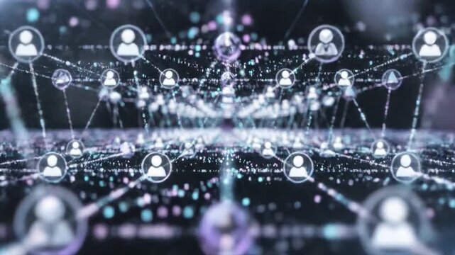Abstract digital network background for social media connectivity and global communications with glowing particle connections and user icons in a modern technological space