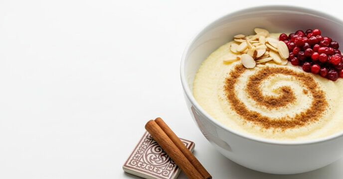 Creamy Finnish Mannapuuro Semolina Porridge with Cinnamon and 65% Left Negative Space for Text