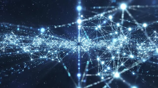 Abstract digital network connection motion background representing data transfer and connectivity with glowing dots and lines for technology and science concepts