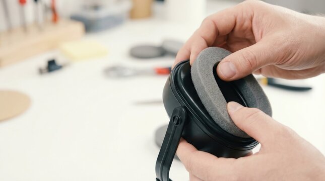 A person is replacing the foam ear pads on a pair of black headphones on a white desk.