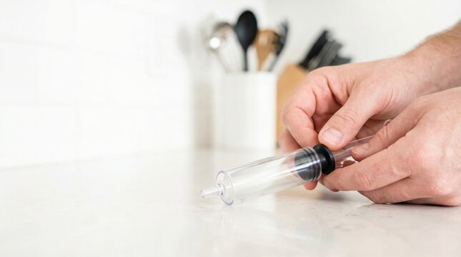 A person is holding a large, clear plastic syringe with a black plunger on a white kitchen counter. In the background, there are kitchen utensils in a holder.