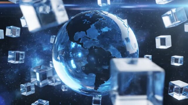 Abstract earth globe surrounded by floating ice cubes in a dark blue space background