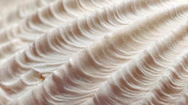 hyperrealistic close up of seashell texture under microscope, pearlescent surface with subtle ridges, soft natural lighting, high detail, minimal