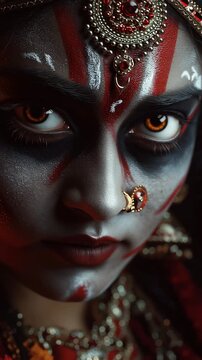 Close up portrait of a woman with traditional Indian face paint and jewelry, intense eyes and dramatic lighting inspired by Indian culture