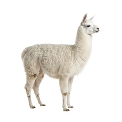Fototapeta premium young snow-white llama covered in intensely fluffy, detailed wool, standing calmly in a full-body profile view against a high-key shadowless studio background, concept of isolation and clarity