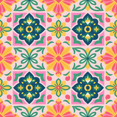 Fototapeta premium vector seamless repeating rangoli pattern in flat vector style. The design features symmetrical geometric shapes, floral motifs, peacocks, lotus flowers, and traditional oil lamps (divas).