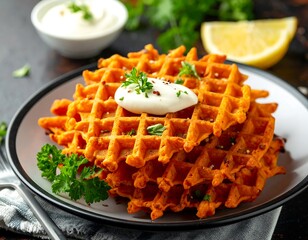 Stack of golden-brown waffles topped with cream & parsley on a dark plate background