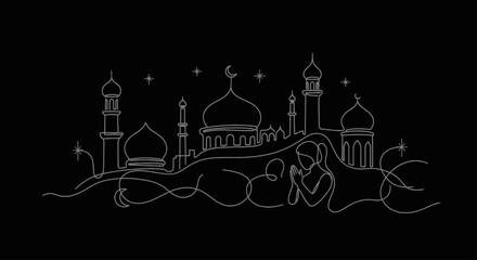 Naklejka premium Islamic mosque architecture with a person praying in silhouette.