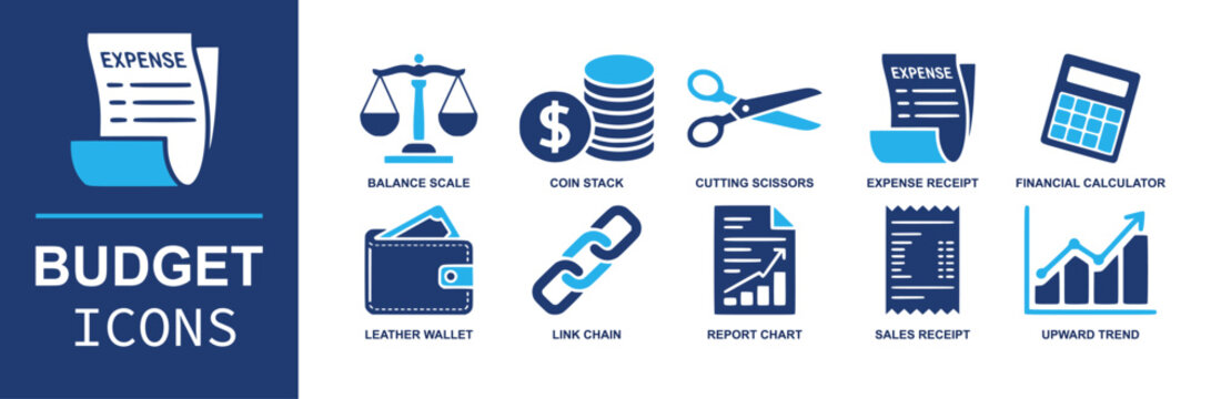 Budget icon set. Containing expense receipt, sales receipt, coin stack, wallet, calculator, report chart, upward trend, balance scale, scissors and more. Solid fill vector icons collection