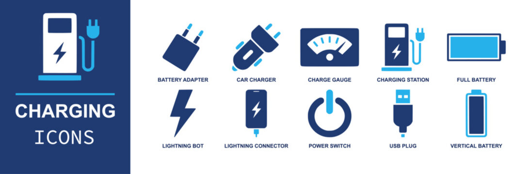 Charging icon set. Containing wall adapter, car charger, charge gauge, charging station, full battery, USB plug, lightning connector, power switch, energy and more. Solid fill vector icons