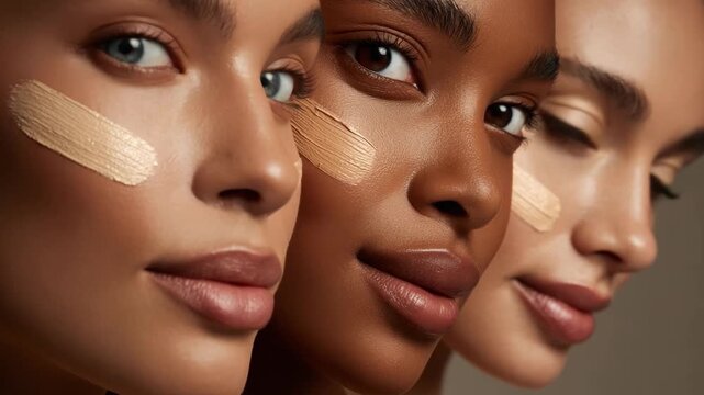 Three young adult women of different ethnicities with light, dark and medium skin tones showing foundation swatches on their cheeks, representing inclusivity in beauty and makeup shades.
