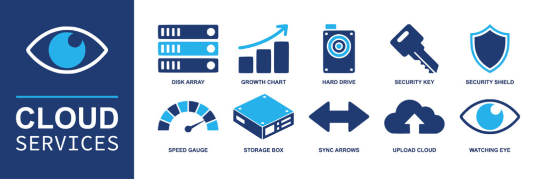 Cloud Services icon set. Containing disk array, hard drive, storage box, upload cloud, sync arrows, speed gauge, growth chart, security key, shield, eye and more. Solid fill vector icons