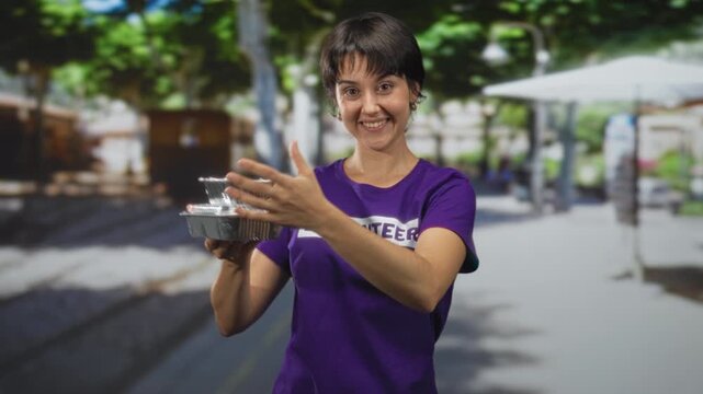 Young woman volunteer with short hair in a purple volunteer shirt holds stacked foil food containers and points thumb to self on street near market stalls; community service pride.