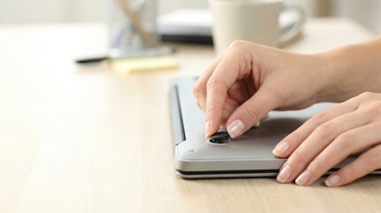 A woman's hand attaches a new black rubber foot to the bottom of a silver laptop.