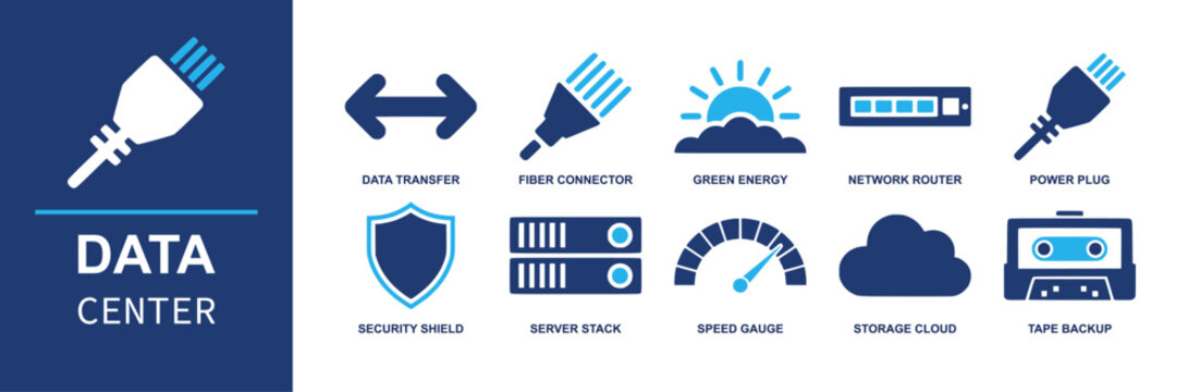 Data center icon set. Containing server stack, cloud storage, router, fiber connector, power plug, security shield, data transfer, backup tape, speed gauge and more. Solid fill vector icons