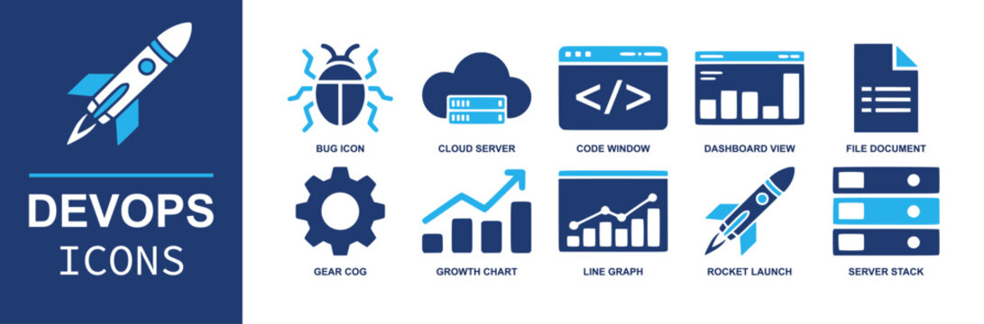 DevOps icon set. Containing cloud server, code window, dashboard, bug icon, gear cog, server stack, rocket launch, file document, growth chart, line graph and more. Solid fill vector icons