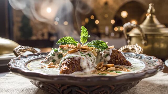  Traditional Kibbeh Labanieh in yogurt sauce steaming in a carved ceramic bowl in an authentic Middle Eastern restaurant. Warm ambient light with cinematic steam and soft bokeh.