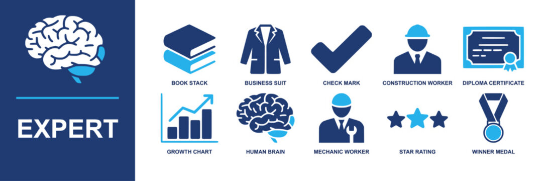 Expert icon set. Containing book stack, diploma, certification, suit, check mark, construction worker, mechanic, brain, growth chart, star rating, medal and more. Solid fill vector icons
