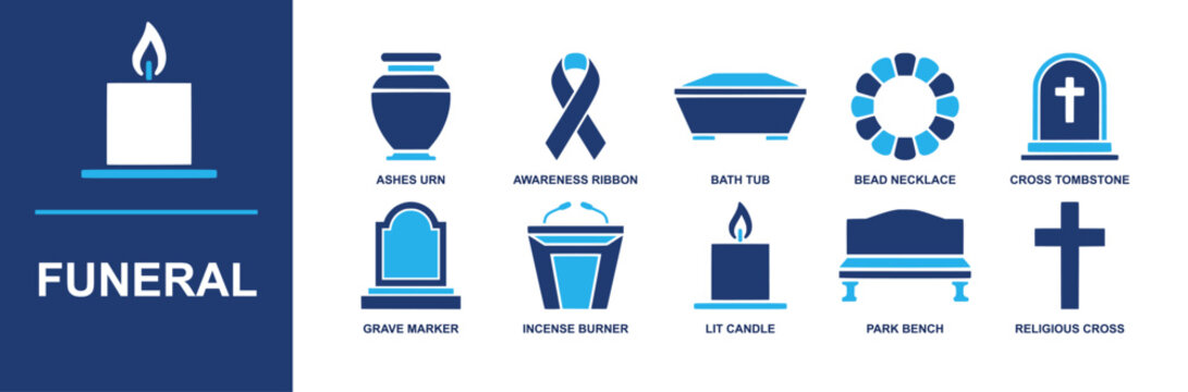 Funeral icon set. Containing lit candle, ashes urn, awareness ribbon, incense burner, grave marker, cross tombstone, religious cross, bead necklace, bath tub, memorial and more. Solid fill vector icon