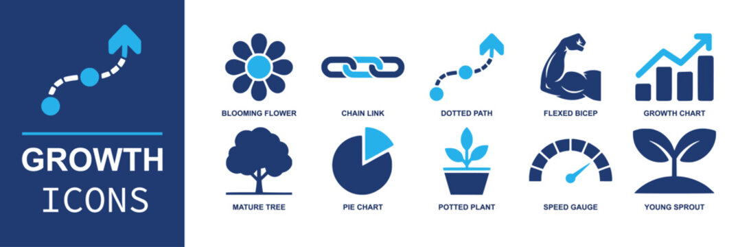 Growth icon set. Containing young sprout, potted plant, mature tree, blooming flower, flexed bicep, dotted path, chain link, growth chart, pie chart, speed gauge and more. Solid fill vector icons