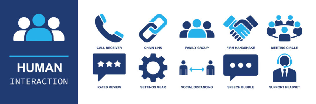 Human interaction icon set. Containing call receiver, chain link, family group, firm handshake, meeting circle, rated review, settings gear, social distancing, speech bubble, support headset and more.