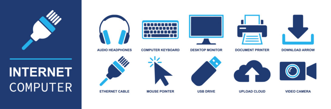 Internet icon set. Containing headphones, keyboard, monitor, printer, download, ethernet cable, mouse pointer, USB drive, upload cloud, video camera and more. Solid fill vector icons