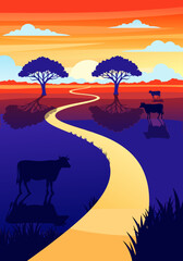 Naklejka premium Winding yellow vector illustration road curving through peaceful savanna at dawn