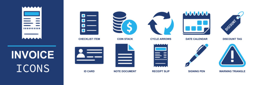 Invoice icon set. Containing receipt slip, note document, checklist item, coin stack, date calendar, discount tag, signing pen, ID card, warning triangle, billing and more. Solid fill vector icons